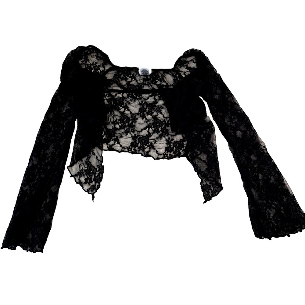 Rue 21 Lace Crop Top Womens M Black Rose Whimsigoth Flare Sleeve Tie Fairy USA